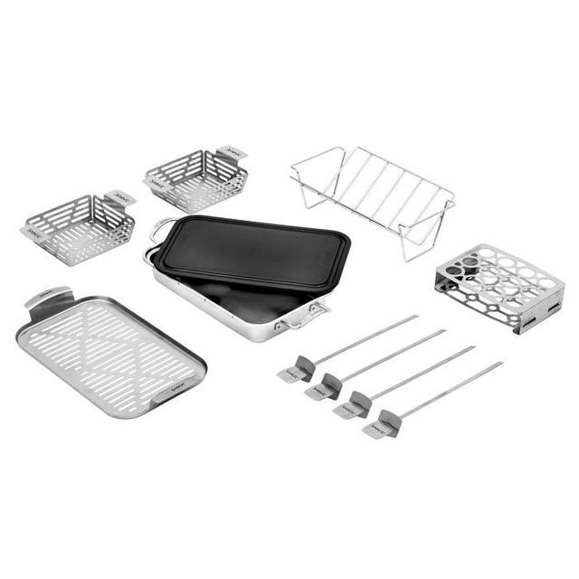 Grilling System Set (includes - veggie basket, double pepper roaster, roast & rib rack, 4 skewers, steamer tray, roasting pan and cutting board)