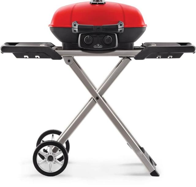 TravelQTM 285X Portable Propane Gas Grill and Scissor Cart with Griddle, Red